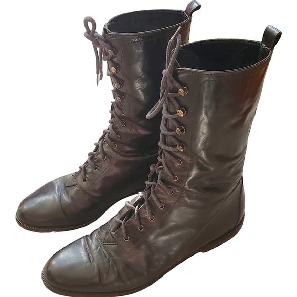 Black Leather Granny Lace Up Boots - Picture 3 of 5